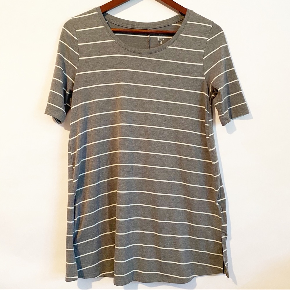 SO Gray + White Striped Tunic Length Tee